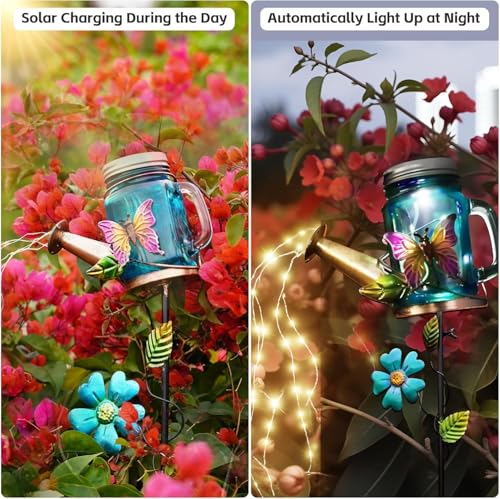 SRNPMIU Solar Watering Can Light, Yard Outdoor Decor Lights, IP65 Waterproof, Hanging Butterfly Garden Light, Outside Garden Flower Bed Decor, Women Gift, Birthday Gifts - color: Blue-Butterfly