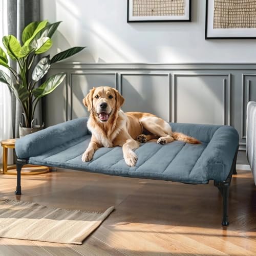 Veehoo Orthopedic Elevated Dog Bed with Fluffy Plush Bolster Cushion, Indoor Raised Dog Beds for Large Dogs, Soft Pet Sofa Cot with Removable Washable Mat, No-Slip Feet, 42 x 30 inches, Haze Blue - color: Haze Blue, size: 42.0"L x 30.0"W x 7.0"Th