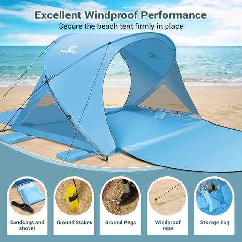 AugFir Beach Tent Sun Shelter, Beach Tent with Beach Mat Set, 4 Person Portable Beach Shade Canopy with UPF 50＋ UV Protection, Dual-Door Ventilation Design, Easy Setup Family Beach Umbrella (Blue) - color: Blue