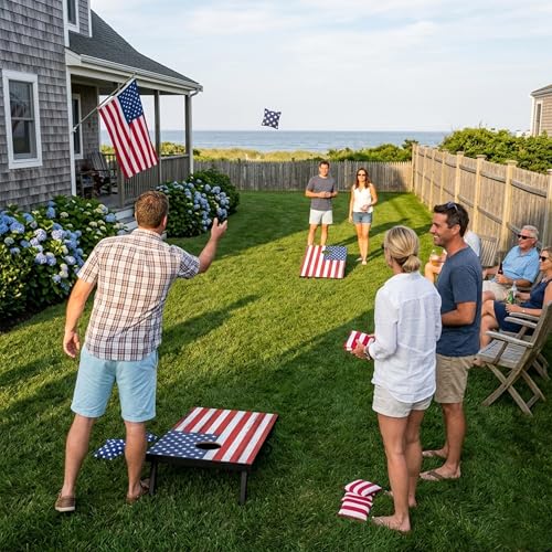 Portable Cornhole Board Set - Premium MDF Wood Corn Hole Game with 8 Regulation Bean Bags, for Backyard, Camping, and Outdoor Tailgating - Choose 3x2' Tailgate or 4x2' Regulation Size - style: 3' x 2' American Flag