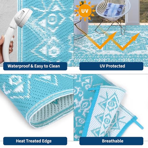 GarveeHome Outdoor Patio Rug 9x12 Outdoor Rug Waterproof Reversible Mat Carpet, Vintage Boho Rug Large Outdoor Plastic Straw Rug for Patio Deck Balcony Pool RV Camping Beach Picnic Blue&White 9'x12'