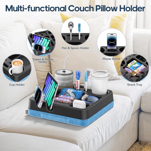 Couch Cup Holder Tray Couch Cup Holder Pillow Bed Tray Snack Sofa Bed Caddy Organizer Beach Sofa Drink Holder Anti-Spill Portable Snack Caddy Couch Remote Holder for Phone Pad Kindle Beverage Blue - color: Blue