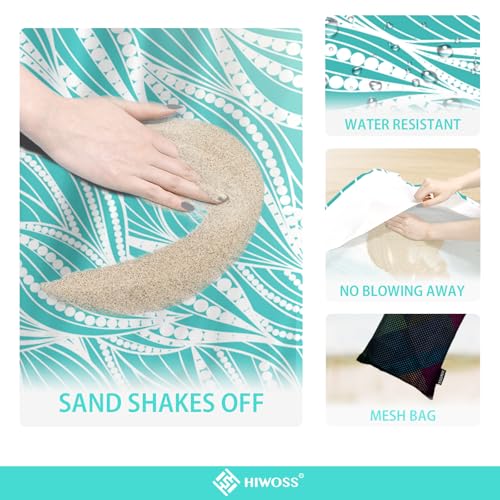 Beach Blanket Waterproof Sandproof Oversized 95”x 80”,Sand Free Beach Mat with Corner Pockets,Portable Mesh Bag (WaveBeaded-Turquoise)