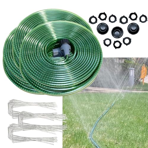 SECBULK 150 FT (50FT*3) Flat Sprinkler Hose for Lawn Watering Garden Soaker Hose with Holes, Heavy Duty Lightweight No-Kink Water Hose with Stakes, Irrigation Hose, Great Fun for Kids and Dog - size: 50FT*3