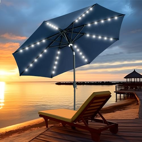 GDY 10Ft Patio Umbrella, Table Umbrella with 40 LED Lights, Outdoor Umbrellas for Patio, with Tilt and Crank, Center Light, for Garden, Deck, Backyard, Pool, and Beach. - color: Navy Blue