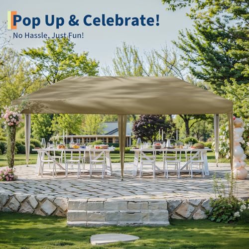 10x20 Pop Up Canopy - Easy Up Camping Tent with One Roller Bag, 3 Adjustable Height, 4 Weight Bags for Deck, Garden, Sports, Beach, Party - Tan - color: Brown, size: 10x20