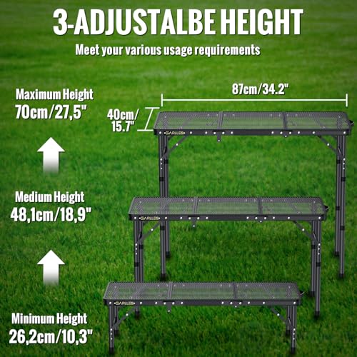 GARLLEN Folding Grill Table Max Capacity 66lbs, 3 Adjustable Height Portable Folding Camping Table with Heat-Resistant Mesh Tabletop, Aluminum Picnic Table for Outdoor, BBQ, Camping, 34.2"L x 15.7"W - color: Black, size: Tabletop Size: 34.2"l X 15.7"w