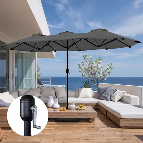 Shintenchi 16FT Large Patio Umbrella with Base Included, Outdoor Double-Sided Rectangular Shade with Crank Handle for Poolside Lawn, Deck & Garden, Gray - color: Grey, size: 16FT