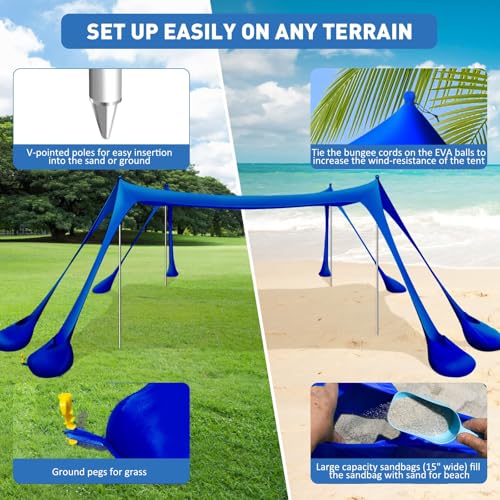 Beach Tent Sun Shelter 10x10ft Beach Canopy Easy Pop Up Sun Shade Portable UPF50+ with 8 Sandbags-2 Sand Shovel-4 Aluminum Poles-Ground Pegs for Outdoor Family Camping Fishing Backyard Picnic - color: Navy, size: 10x10 FT 4 Pole