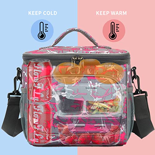 FlowFly Insulated Reusable Lunch Bag Adult Large Lunch Box for Women and Men with Adjustable Shoulder Strap,Front Zipper Pocket and Dual Large Mesh Side Pockets,Graffiti - color: Graffiti