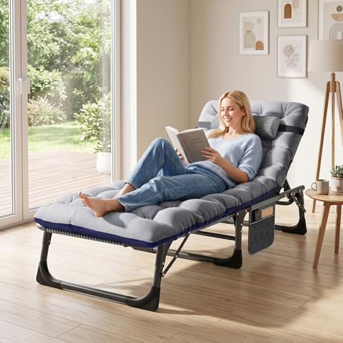 ABORON 3-in-1 Folding Patio Lounge Chair, 440LB Heavy-Duty Tri-Fold Guest Bed with Plush Cotton Cushion, No Assembly Adjustable Recliner for Office Nap, Patio Sunbathing, Poolside & Camping - color: Stone Obsidian-dusk