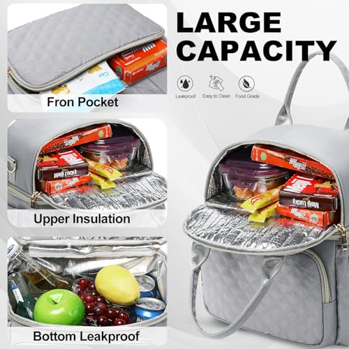 AIJIEKE Large Insulated Lunch Bag for Women, Double Compartment Leakproof Lunch Box for Work Office, Reusable Cooler Tote with Adjustable Strap & Side Pockets for Adults Picnic Beach, Grey - color: Gray