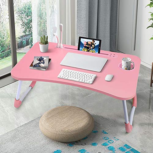Slendor Lap Desk with Cup Holder, Foldable Laptop Table for Bed, Portable Bed Desk for Laptop and Writing, Computer Tray with Tablet Slot, Notebook Stand Reading Holder for Couch Sofa Floor,Pink - color: Pink