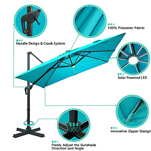 Sunnyglade 10x13ft Solar Powered LED Cantilever Patio Umbrella Square Deluxe Offset Umbrella 360°Rotation & Integrated Tilting System & LED lights for Market Garden Deck Pool Backyard Patio - color: Blue, size: 10X13FT