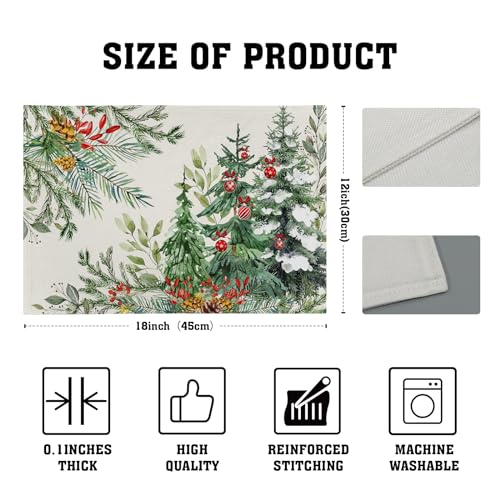 Christmas Placemats Set of 4, 12x18 Inch Winter Xmas Pine Branches Red Berry Bells Washable Heat-Resistant Cotton Linen Place Mats for Farmhouse Kitchen Dining Party Table Decor - color: Pine Bells