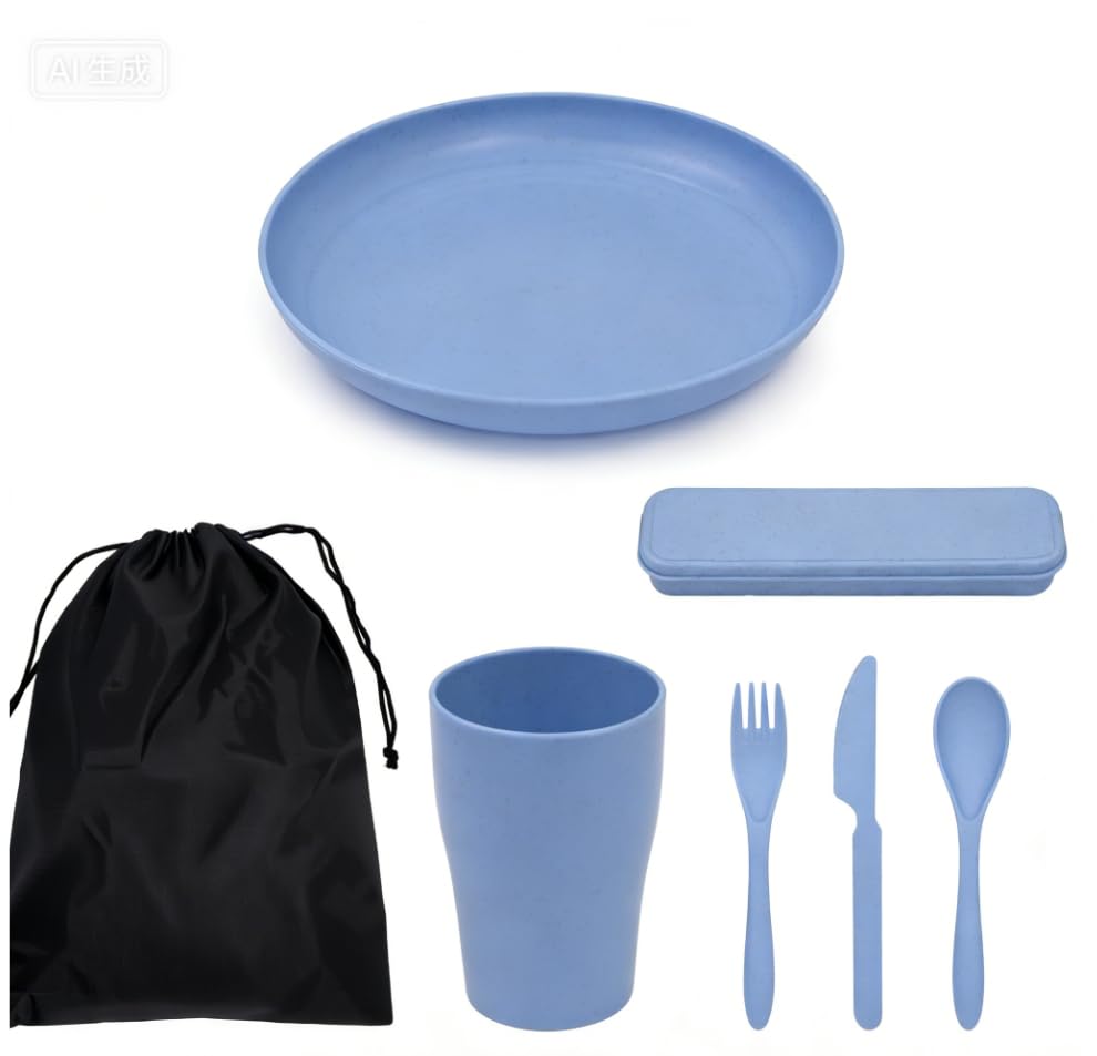Camping Cooking Utensils, 5-Piece Camping Mess Kit with Plate, Cup, Spoon, Fork, Knife and Carry Bag, Reusable Camping Essentials Gear, Accessories for Home, Poolside, Outdoor, Picnic, Camp