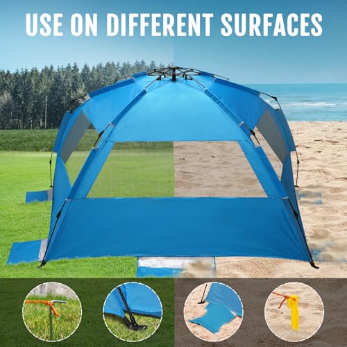 WhiteFang Deluxe Pop Up Beach Tent Sun Shade Shelter for 3-4/5-6 Person, UV Protection, Extendable Floor with 3 Ventilating Windows Plus Carrying Bag, Stakes, and Guy Lines - color: Solid Blue, size: X-Large