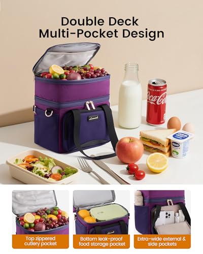LOVEVOOK Insulated Lunch Bag For Women Men,Expandable Double Deck Lunch Box With Large Cup Holder,Leakproof Cooler Bag For Adult Lunch Tote Bag Work Picnic Beach with Adjustable Shoulder Strap Gift - color: Dark Brown Contrasting Color, size: Large —15l