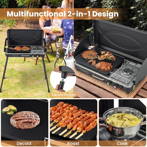 HAPPYGRILL Portable Camping Stove, 2-Burner Propane Grill Cooker with Removable Leg Stand, Roast Grill, Dual Control Knobs, Wind Guards, Outdoor Gas Grill for Camping BBQ Picnic (Black) - color: Black