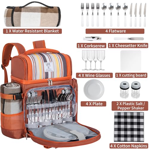 Picnic Backpack for 4 Person with 2 Insulated Leakproof Cooler Compartment, 4 Cutlery Sets, Wine Holder, Fleece Blanket, Perfect for Beach, Camping, Hiking, Brown