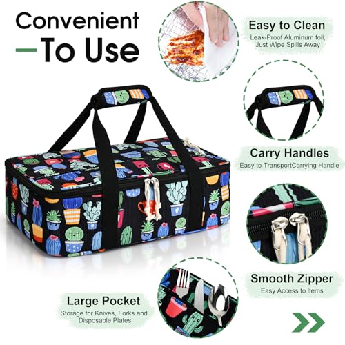Corduroy Casserole Carrier, Insulated Lasagna Lugger for Hot/Cold Food, Fits 9" x 13" Baking Dish, Thermal Lunch Tote for Potluck & Picnic - Corduroy Cactus - color: Corduroy Cactus, size: 16x10x4 in