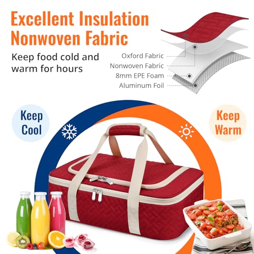 Insulated Casserole Carrier - Portable Casserole Carrier for Hot or Cold Food, Lasagna Holder for Parties,Picnic,Cookouts,Traveling - Fits 9" x 13" Baking Dish (Red) - color: Red