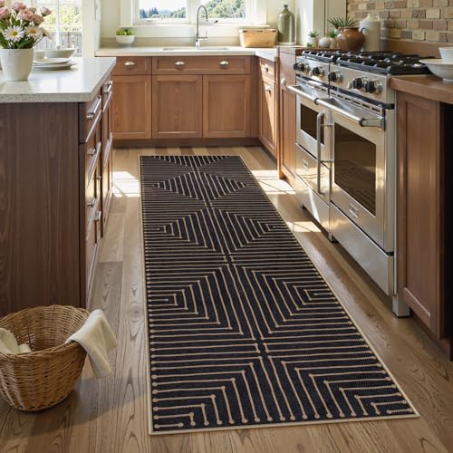Lahome Neutral Geometric Kitchen Rugs, 2x8 Washable Entryway Hallway Runner Rug Non Slip, Farmhouse Rhombus Low Pile Non Shedding Black Indoor Outdoor Carpet Runner for Laundry Room - color: Black/Nature, size: 2.6x8