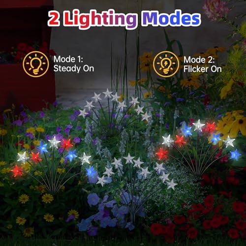 Lewondr 4th of July Decorations Solar Garden Lights, Fourth of July Red White and Blue Light Solar Lights Outdoor, Waterproof Patriotic Decor with 9 LED 2 Lighting Modes for Independence Day, 4 Pack - size: 4 Pack, style: Transparent Star