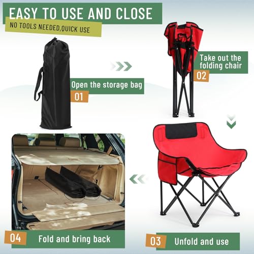 2 Pack Compact Camping Chairs Portable Folding for Outside with Carry Bag Lightweight Moon Chairs for Travel Picnic Hiking Beach Fishing, 600D Oxford, Supports 330lbs(Red, Black) - color: Red, Black