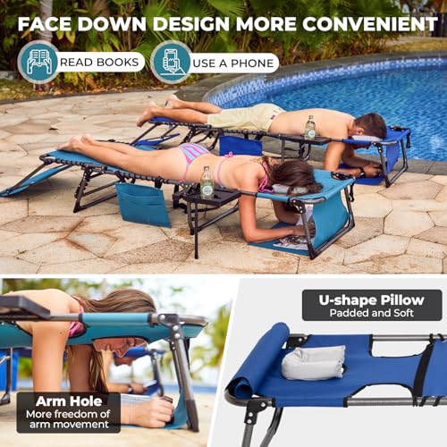 FUNDANGO 4 in 1 Tanning Chair with Face Hole, Beach Lounge Chair w/Canopy Shade & Side Table Chaise Lounge Chairs for Patio, Pool, Lawn, Sunbathing, 5-Position Adjustable Sun Lounger, Blue - color: #Ucp 1 Pack Blue, style: UltimateComfort Pro 5 Position C