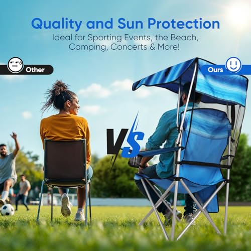 VTOY Portable Camping Chair with Canopy - Folding Chair with Canopy, Durable 600D Oxford Canopy Chair for Camping, Beach, Picnics, Fishing & Sports - color: 1pack Stripe Blue