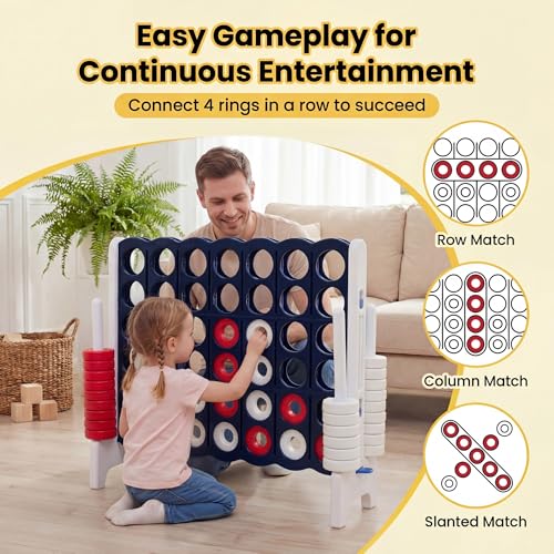 KOTEK Giant 4-in-a-Row Game, 3.5 Feet Tall Jumbo 4-to-Score Family Fun Game with Quick-Release Sliders & 42 Large Rings, Oversized Connect Plastic Yard Game Outdoor for Kids & Adults(Royal Blue+White) - color: Royal Blue+white
