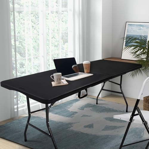 pollilar Folding Table 6FT HDPE 6 Foot Foldable Table Portable Banquet Surface Fold-in-Half Desk Utility for Working Meeting Parties, Picnic, Camping, Weddings, Catering, Garden Dining-Black - color: Black