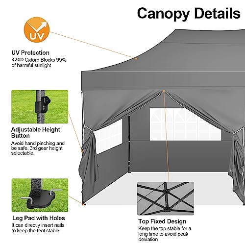 COBIZI 10x20 Pop up Canopy Tent 10x20 Canopy with 6 Sidewalls Waterproof Heavy Duty Commercial Tent for Parties Outdoor Garden Gazebo, Carry Bag with Wheel(10x20ft, Gray) - color: Gray, size: 10X20FT 6 Sidewalls