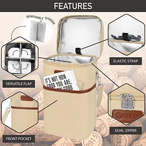 Opux 4 Bottle Insulated Wine Cooler Bag - Leakproof Padded Portable Wine Bottle Carrier for Travel Picnic BYOB Gift (Beige Cream) - color: Cream Beige, size: 4 Bottle