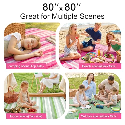 2 in 1 Tote Picnic Blanket Waterproof Outdoor Camping Mat,Large Capacity Beach Blanket 80''x80'' 7 Layers Easy to Foldable and Carry. - color: Pink