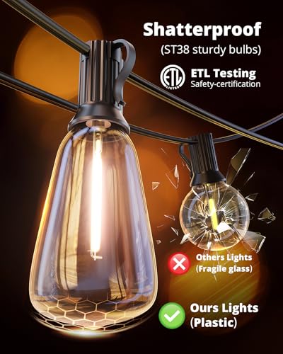 VIPAR Outdoor String Lights 25FT LED Patio Lights IPX5 Waterproof with 10+1 ST38 Shatterproof Edison Bulbs, 2700K Connectable Outside Hanging Light for Porch, Garden, Backyard, Deck, Balcony, Decor - size: 25FT