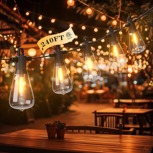 FOOMAN LED Outdoor String Lights, 240FT Outside Waterproof Patio Lights with 120+4 Shatterproof ST38 Edison Bulbs, 2700K Warm White Hanging Light, Dimmable Light for Backyard Garden Bistro Party Cafe - size: 240FT