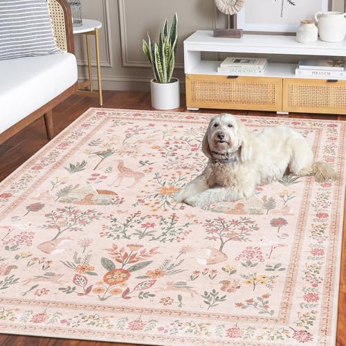 Pink Rug Door Mat Indoor Entrance, 2x3 Rug Washable Boho Floral Botanical Animal Small Area Rug, Non-Slip Low Pile Throw Rugs for Kitchen Front Door Indoor Entrance Entry, Laundry, Bathroom - color: B#beige (Animal), size: 2' x 3' (Rectangular)