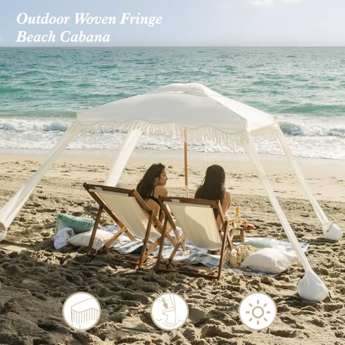 AMMSUN Beach Cabana with Fringe, 7' x 7' Boho Beach Canopy with Tassels, Easy Set up & Premium Wood Pole, Cabana Tent with Sand Pockets, Instant Sun Shade for Sand, Garden, Patio, Elegant White - color: Elegant White