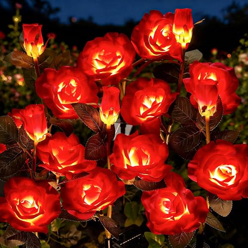 Brightown Outdoor Solar Flower Lights, 4 Pack Solar Garden Light with Larger & More Realistic Red Rose, Bigger Solar Panel, Waterproof Solar Lights Outdoor for Yard Garden Lawn Pathway Decoration - color: Red Rose