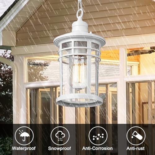 Darkaway Outdoor Pendant Lights for Porch, Outdoor Chandelier Hanging Porch Lights Ceiling Mount Aluminum with Seeded Glass for Front Porch Gazebo Patio (Medium, White) - color: White, size: Medium Size