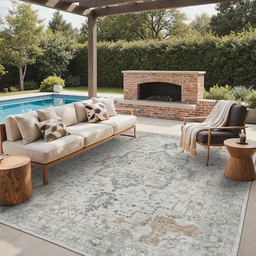 GENIMO Outdoor & Indoor Area Rug 8'x10', Waterproof, Non-Shedding, Easy Cleaning, Boho Mat for Patio, Living Room, Balcony, Dining Room, RV, Deck, Bedroom, Camping, Outside Carpet,Light Grey Brown - color: Light Grey Brown, size: 8' x 10' (Rectangular)