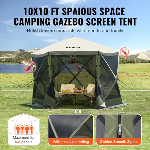 VEVOR Pop Up Gazebo Screen Tent 6 Sided Canopy Sun Shelter with 6 Removable Privacy Wind Cloths & Mesh Windows, 10x10FT Quick Set Screen Tent with Mosquito Netting, Army Green - color: Army Green, size: 10x10ft