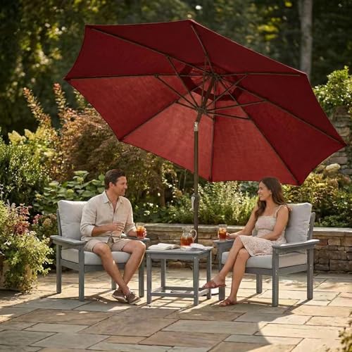 Kingdura 10FT Outdoor Patio Umbrella, Market Table Umbrella with Push Button Tilt and Crank, 8 Sturdy Fiberglass Ribs, UV Protection for Pool, Lawn, Deck, Backyard, Garden (Dark red) - color: Dark red, size: 10 Ft