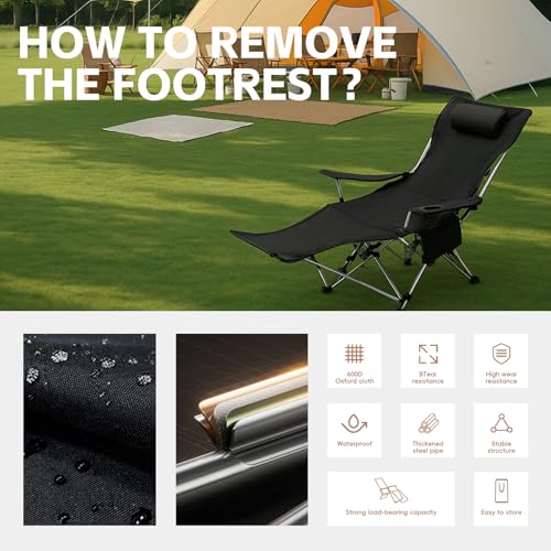 Reclining Camping Chair with Removable Footrest, Adjustable Camping Lounge Beach Chair with Padded Headrest, Cup Holder & Carry Bag, Camp Chair with Foot Rest Lawn Chairs for Camp, Fishing,Office - color: Black
