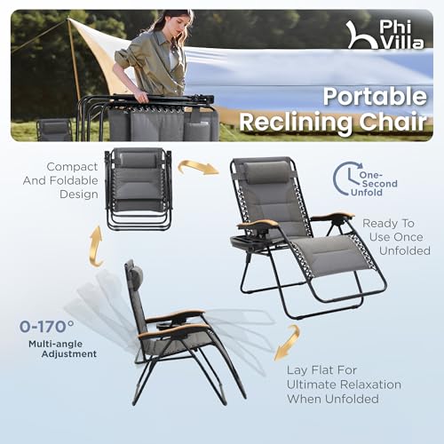 PHI VILLA XXL Oversized Padded Zero Gravity Chair, Foldable Patio Recliner, 30" Wide Seat Anti Gravity Lounger with Cup Holder, Support 400 LBS (Light Gray) - color: Light Gray, style: 1 Pcs