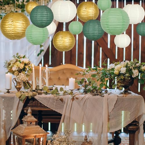 Sage Green Gold Paper Lanterns Decorative, Round Hanging Paper Lanterns for Graduation Wedding Bridal Shower Birthday Party Neutral Baby Shower Decorations, 21pcs - color: Bean green