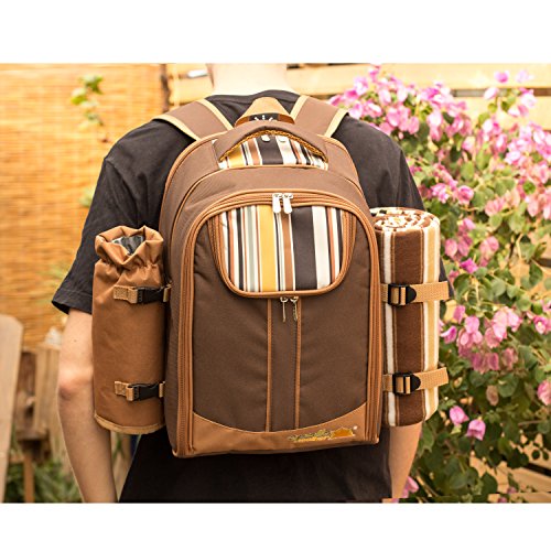 apollo walker Picnic Backpack Bag for 2 Person with Cooler Compartment, Detachable Bottle/Wine Holder, Fleece Blanket, Plates and Cutlery(2 Person, Brown) - color: Brown, size: 2 Person