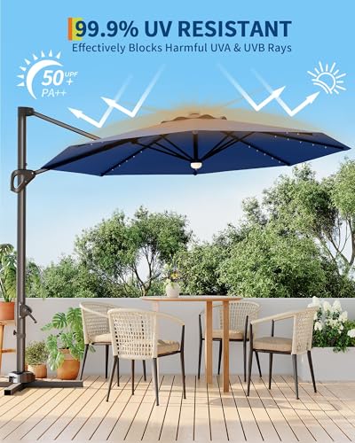 9ft Outdoor Patio Umbrella Heavy Duty 8 Ribs, Waterproof UV Protection Sun Shade with Crank Lift & Push Button Tilt, Outdoor Umbrella for Deck, Pool, Garden, Backyard, Lawn - color: Navy Blue&Round-Lights, size: 10FT Roman